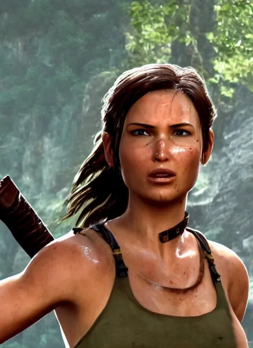 Image similar to an film still of lara croft face getting sweat because of the sun heat, she looks thirsty