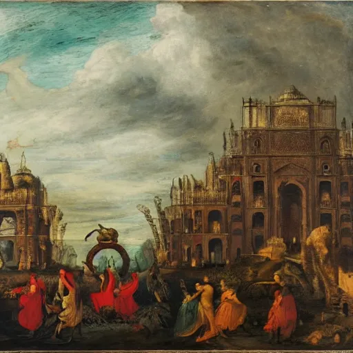 Image similar to In the center of the painting is a large gateway that seems to lead into abyss of darkness. On either side of the gateway are two figures, one a demon-like creature, the other a skeletal figure. in India by David B. Mattingly, by Frans Francken the Younger funereal