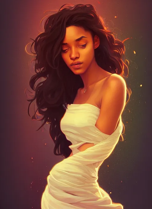 Image similar to handsome young black women with shoulder length brown hair, half body shot, path traced, highly detailed, high quality, digital painting, alena aenami, lilia alvarado, shinji aramaki, karol bak, alphonse mucha, tom bagshaw