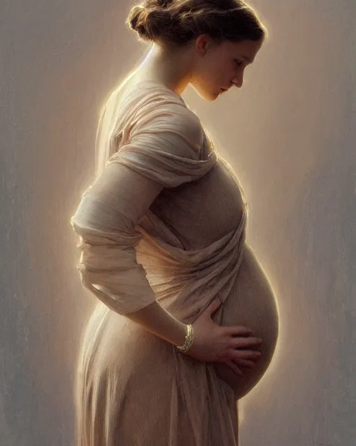 Image similar to a portrait painting of a shy, blushing alicia vikander or millie bobby brown, very pregnant, intricate, elegant, highly detailed, artstation, concept art, by krenz cushart and donato giancola and william adolph bouguereau and alphonse mucha