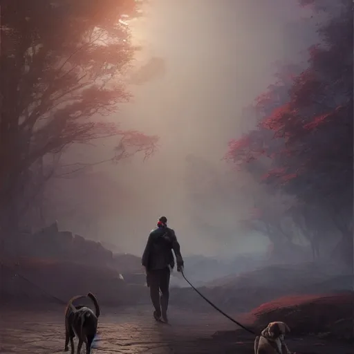 Image similar to a guy walking his dog, fantasy, hd, volumetric lighting, 4 k, intricate detail, by jesper ejsing, irakli nadar