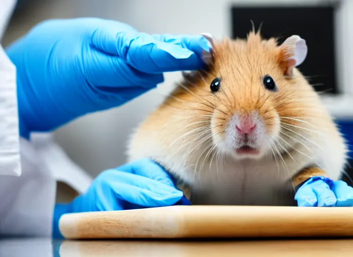 Image similar to film still of a hamster working in a research lab finding the cure for cancer, 8 k