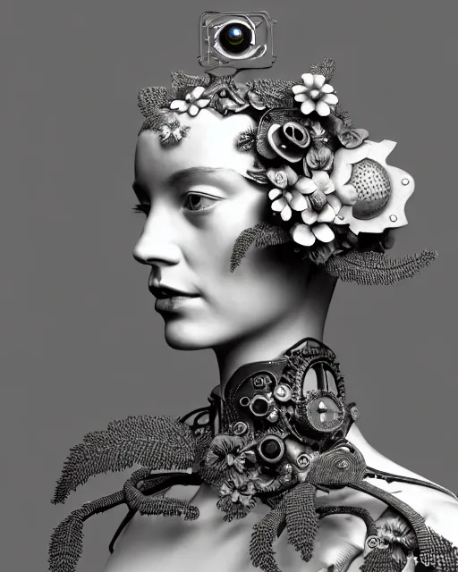 Image similar to monochrome 3 d model, 1 9 4 0 picture, silver floral steampunk biomechanical beautiful young female cyborg with porcelain profile face and a techno eye, volumetric light, leaves foliage and stems, hibiscus flowers, sinuous fine roots, fine foliage lace, alexander mcqueen, rim light, big gothic fashion pearl embroidered collar, octane render, 8 k