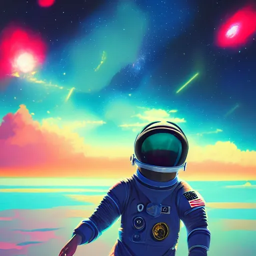 Image similar to cosmic skies in the reflection on an astronaut suit helmet. Vivid colors, soft lighting, atmospheric, cinematic, moody, in the style of Ilya Kuvshinov and Range Murata, Krenz Cushart, rule of thirds, oil on canvas, 8k.