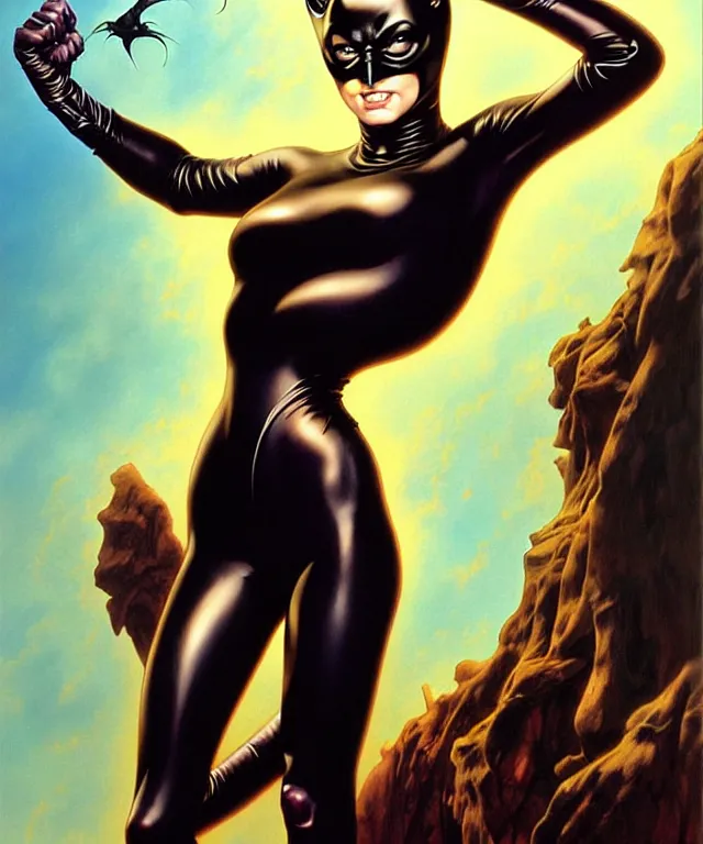 Image similar to cat woman from batman in the style of boris vallejo, hajime sorayama, peter mohrbacher, wayne barlowe, gustav moreau, bussiere, roberto ferri, santiago caruso, luis ricardo falero, austin osman spare, dali