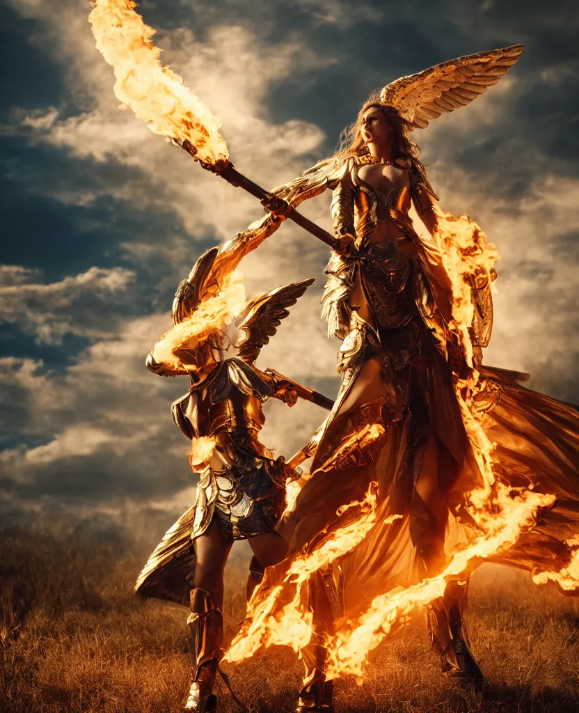 Prompt: Modeling shot of one fiercely beautiful woman in angelic battle armor, wielding a flaming sword, among the clouds, golden hour photography, cinematic, epic, 4k, stylized, realism