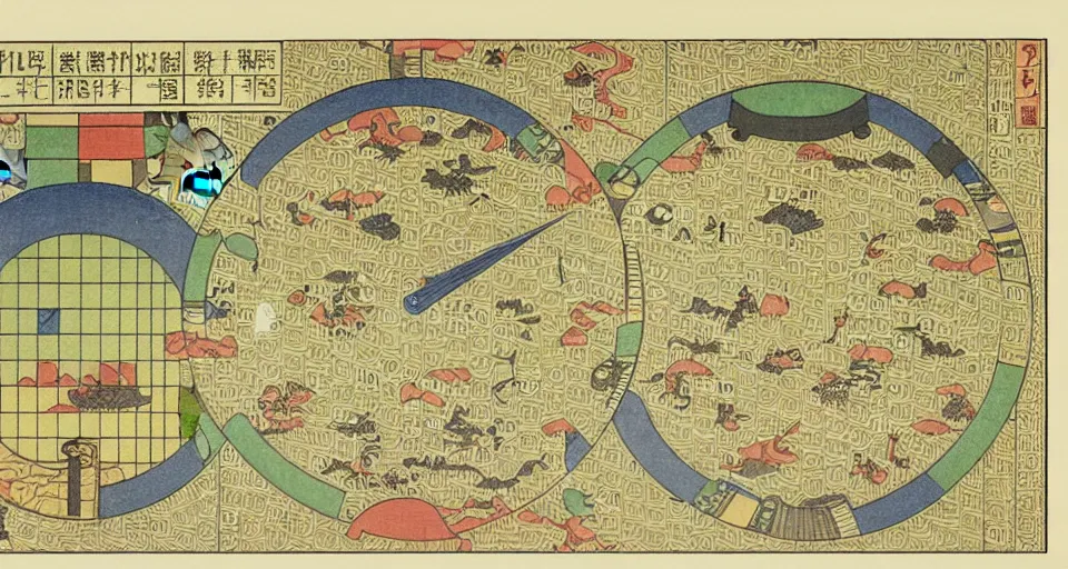 Image similar to isometric miniature map dashboard with time series charts, pie plots and other modern graphics, with small creatures on it. monografia by diego rivera ( ukiyo - e influence )