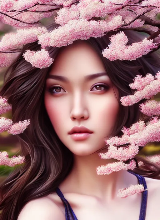 Image similar to photo of a gorgeous female in the style of stefan kostic, realistic, half body shot, sharp focus, 8 k high definition, insanely detailed, intricate, elegant, art by stanley lau and artgerm, extreme blur cherry blossoms background