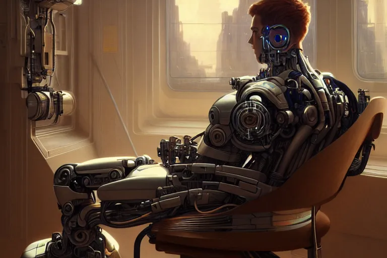 Image similar to ultra realistic, beautiful male cyborg plugged into the internet, sitting in chair, sci - fi, intricate details, eerie, highly detailed, octane render, 8 k, art by artgerm and alphonse mucha and greg rutkowski