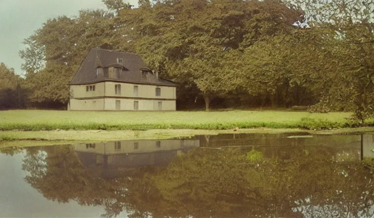 Prompt: A serene landscape with a singular building in the style of Autochrome Lumière