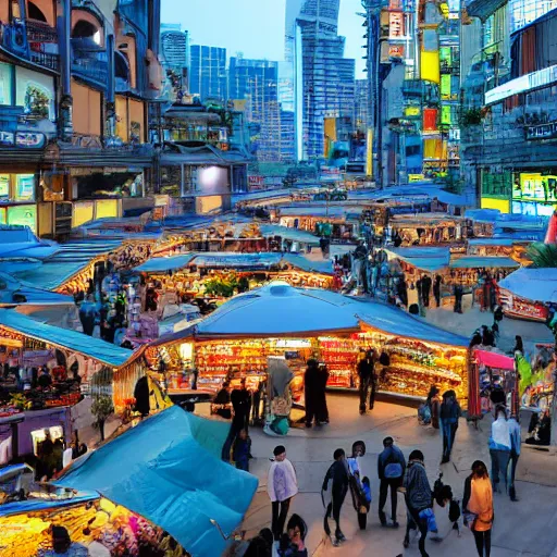 Image similar to busy marketplace in a futuristic city during dawn