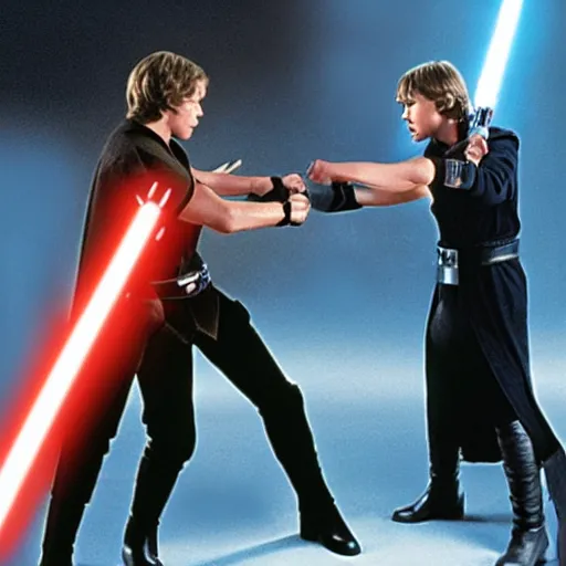 Image similar to luke skywalker fighting anakin skywalker, star wars, lightsaber