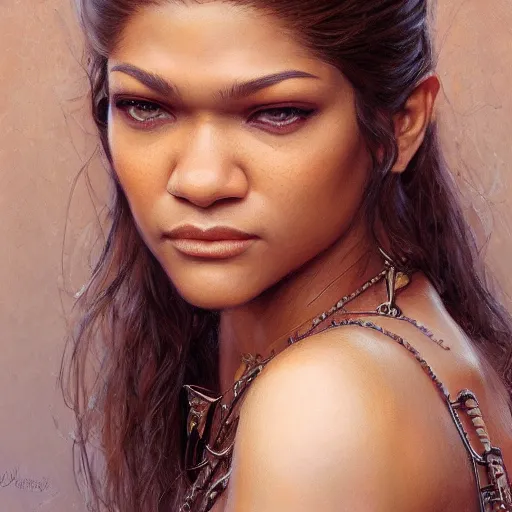 Prompt: zendaya as a realistic fantasy character, closeup portrait art by donato giancola and greg rutkowski, realistic face, digital art, trending on artstation, symmetry!!