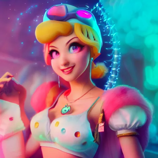 Prompt: Princess peach mixed with jinx from league of legends, dancing, background with neon lighting, raytrayced, octane render, epic composition, intricate details, hyper-realist, jetset radio style, by Alessandro Barbucci and Barbara Canepa