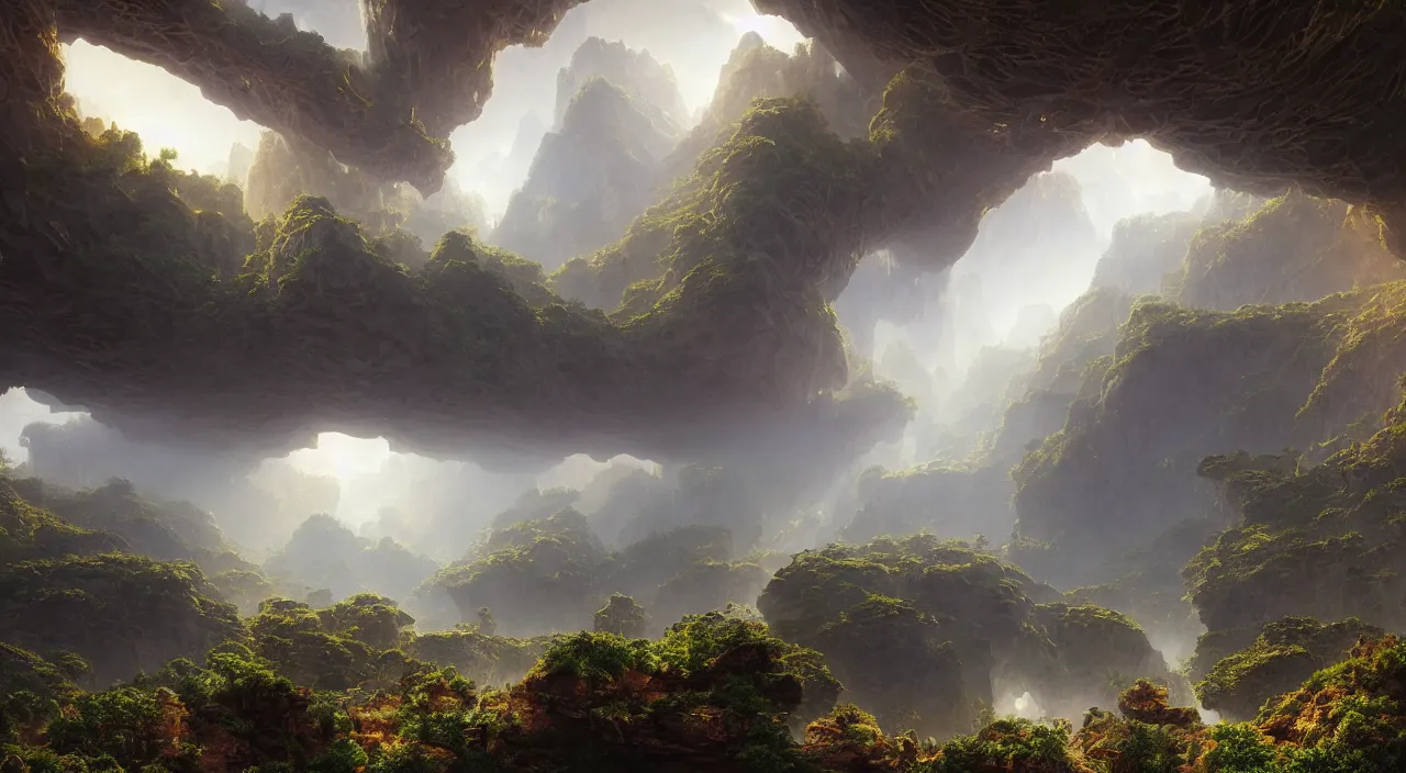 Prompt: a massive parametric cellular tectonic organic biological crystallographic bridging megastructure architecture in a wide canyon landscape, by glenn small, by albert bierstadt, by sparth, hyper realistic, zaha hadid, god rays, volumetric lighting, detailed, extremely intricate, raytrace, octane, light fog, keyshot