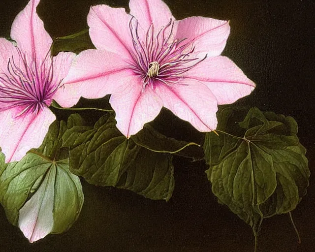 Image similar to pink dripping clematis, beautiful oil painting by ambrosius bosschaert