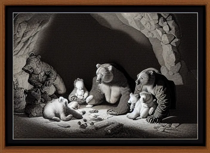 Image similar to Pieter Claesz's 'bear and her cubs sleeping in a dark cave lit by campfire', night time, cross hatching, framed