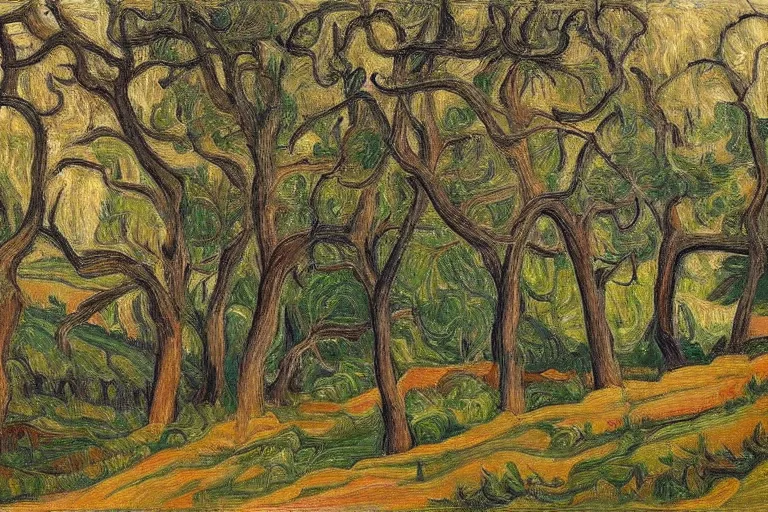 Image similar to masterpiece painting of oak trees on a hillside overlooking a creek, dramatic lighting, by j. e. h. macdonald