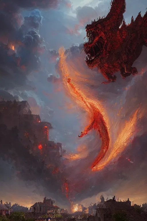 Image similar to a beautiful artwork illustration, a giant fire-breathing monster flying over a medieval village, destruction, by Greg Rutkowski and Jesper Ejsing and Raymond Swanland, featured on artstation, wide angle, vertical orientation