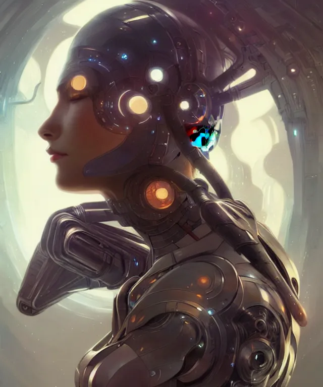 Image similar to futuristic cyborg, sci-fi, amber eyes, face, long hair, fantasy, intricate, elegant, highly detailed, digital painting, artstation, concept art, smooth, sharp focus, illustration, art by artgerm and greg rutkowski and alphonse mucha