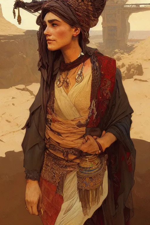 Image similar to A full portrait of an ancient Bedouin traveling spice merchant intricate, elegant, highly detailed, digital painting, artstation, concept art, smooth, sharp focus, illustration, art by Krenz Cushart and Artem Demura and alphonse mucha