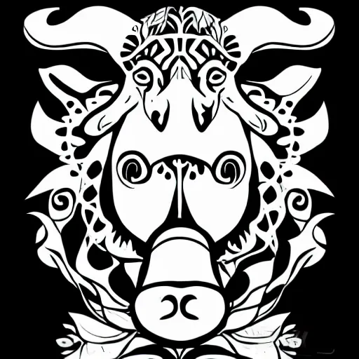 Image similar to antichrist, cow, pig, sheep, chicken, white on black vector ink drawing