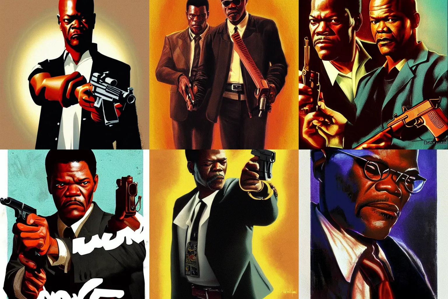 Prompt: Pulp Fiction artwork by Drew Struzan of Samuel Jackson with pistol, full of details, trending on artstation