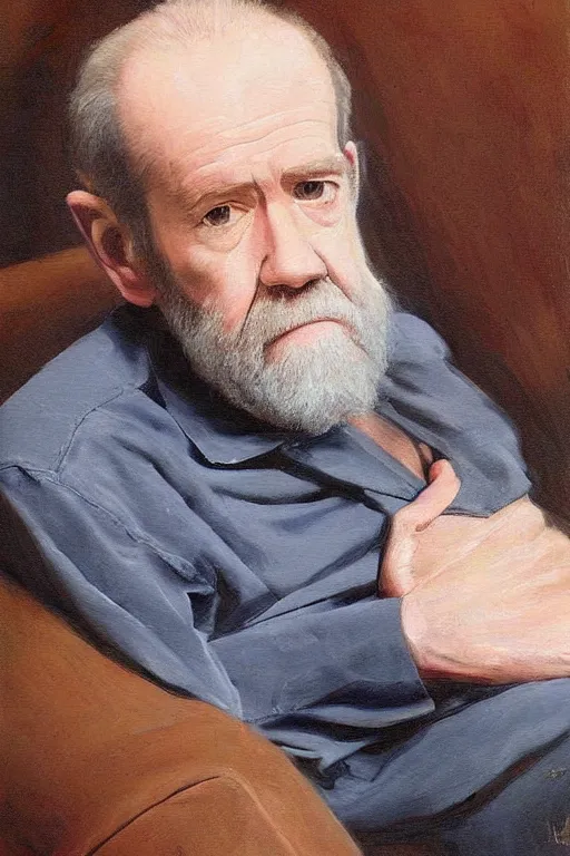 Prompt: portrait of george carlin seated on a couch, oil painting by wilson mclean, sharp focus, masterpiece, highly detailed