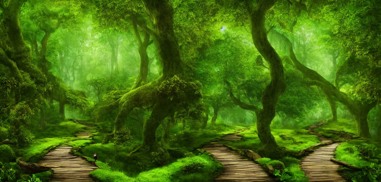 Image similar to a wooden path in the middle of a lush green forest, a detailed matte painting by john eyre, shutterstock contest winner, magical realism, enchanting, matte painting, mystical