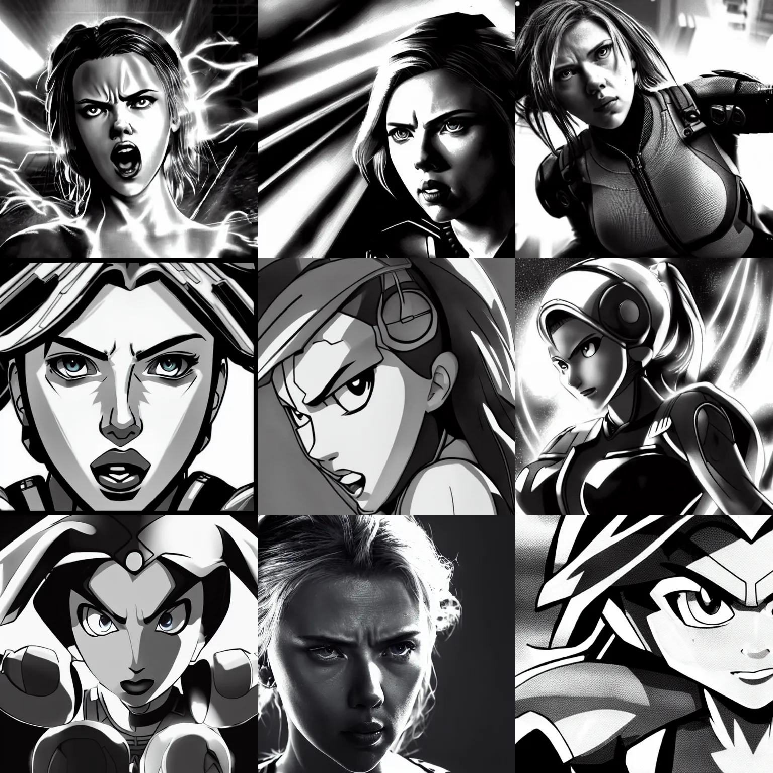 Prompt: angry scarlett johansson as megaman anime, dramatic lighting hyper detail, black and white, wide angle lens