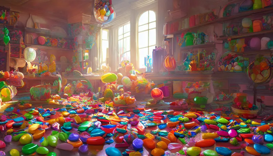 Image similar to house full of candies, sunlight through windows, hyperdetailed, artstation, cgsociety, 8 k