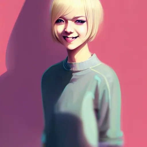 Image similar to urban girl fanart, blond bob haircut, muted colors, matte print, pastel colors, ornate, digital art, cute smile, digital painting, fan art, elegant, pixiv, by maciej kuciara