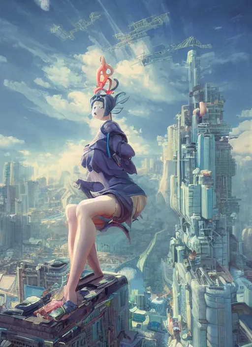 Prompt: breathtaking detailed painting of a giant woman sitting on a miniature city, Atari game cover art by Hsiao-Ron Cheng, James jean, Miho Hirano, Hayao Miyazaki, extremely moody lighting, hyperrealistic, octane render, RPG portrait, ambient light, dynamic lighting