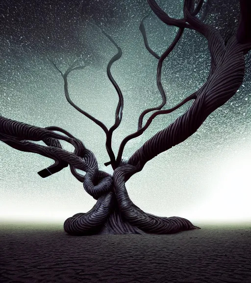 Prompt: surreal theory of a tree made of snakes, futuristic ancient tree in the desert, foggy sky, dark night, octane render, unreal engine, pale colors, high detail, 8 k, wide angle, trending on artstation, behance