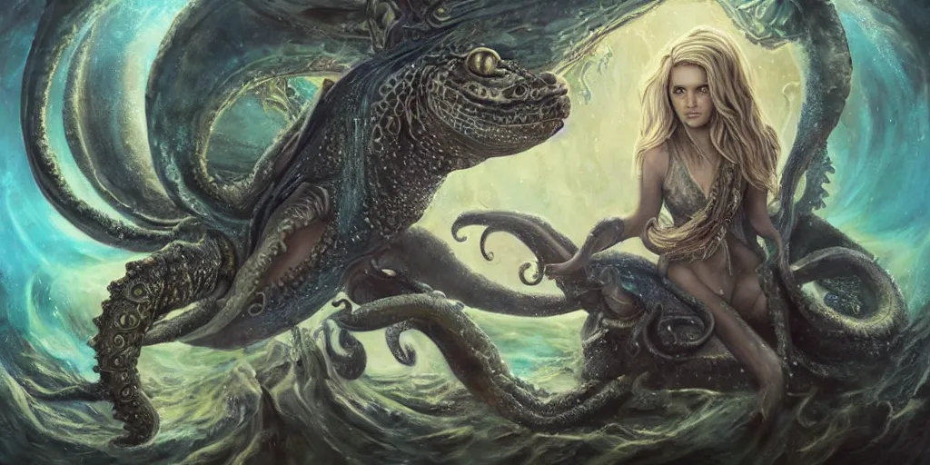 Image similar to Fantasy fairytale style portrait painting, Great Leviathan Turtle, cephalopod, Cthulhu Squid, hybrid, Mythic Island, center Universe, accompany Cory Chase, Blake Lively, Anya_Taylor-Joy, Grace Moretz, Halle Berry, Mystical Valkyrie, Anubis-Reptilian, Atlantean Warrior, hybrid, intense fantasy atmospheric lighting, digital oil painting, hyperrealistic, François Boucher, Michael Cheval, Oil Painting, Cozy, hot springs hidden Cave, candlelight, natural light, lush plants and flowers, Spectacular Mountains, bright clouds, luminous stellar sky, outer worlds, Jessica Rossier, michael whelan, William-Adolphe Bouguereau, HD,