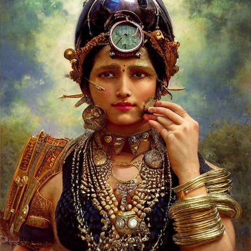 Image similar to detailed potrait of hindu traditional woman blindfolded by high - tech steam punk face armour, girl graceful,, painting by gaston bussiere, craig mullins, j. c. leyendecker, lights, art by ernst haeckel, john william godward, hammershøi,,