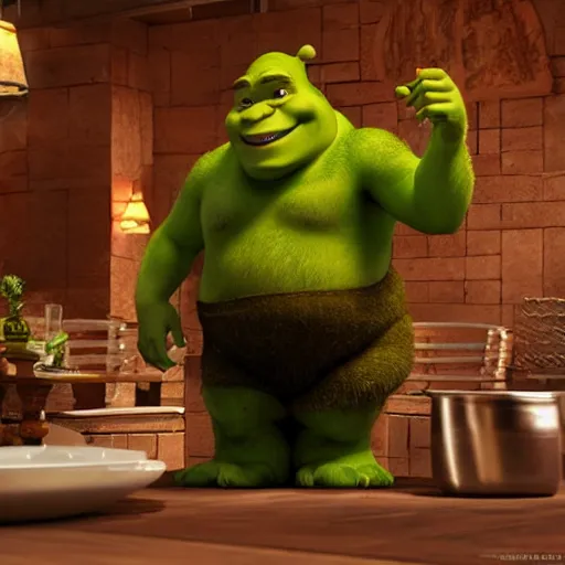 Prompt: shrek as a server in a Michelin star restaurant, photorealistic, 3d render, award winning render, unreal engine, octane render, studio lighting, 8k, hd