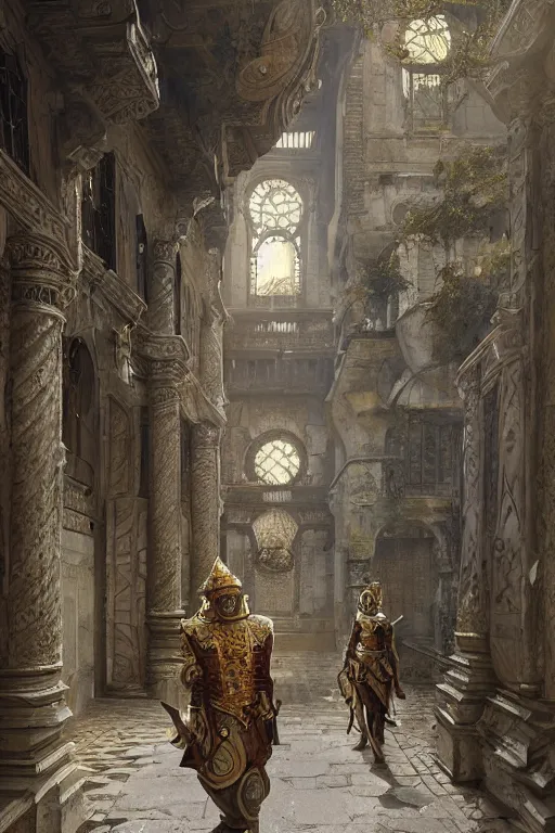 Prompt: an biomechanical palace guard walking through the byzantine courtyard by anders zorn, wonderful, mandelbulb 3 d buildings, fractal designs, dynamic, masterpiece by greg rutkowski, beautiful cinematic light, by greg manchess, jessica rossier