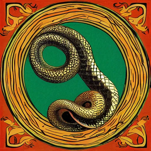 Image similar to ouroboros snake biting its own tail in a circle, tinted colours, highly detailed head, famous painting in the style of Claude Monet,