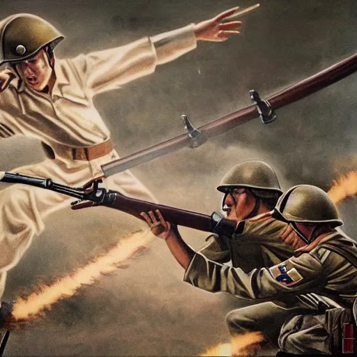 Image similar to World War Two Japanese soldier bayonet charging an American soldier, hyperrealistic, photo realistic, HD