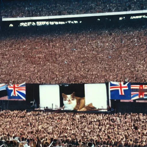 Prompt: a cat performing at the Live Aid Concert (1985), color photograph, Queen, Freddy Mercury, singer, Wembley Stadium, large crowd