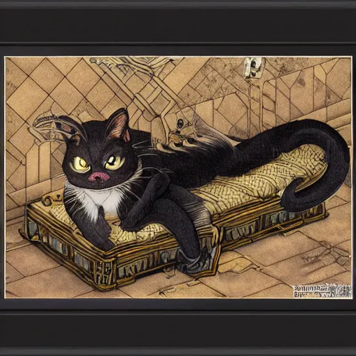 Image similar to vampire cat, inside a frame on a tiled wall, frontal picture, by yoichi hatakenaka, masamune shirow, josan gonzales and dan mumford, ayami kojima, takato yamamoto, karol bak