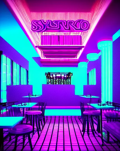 Image similar to synthwave vaporwave maximalist detailed restaurant lofi purple blue retro dreamcore render realistic 3 d by seerlight trending on instagram