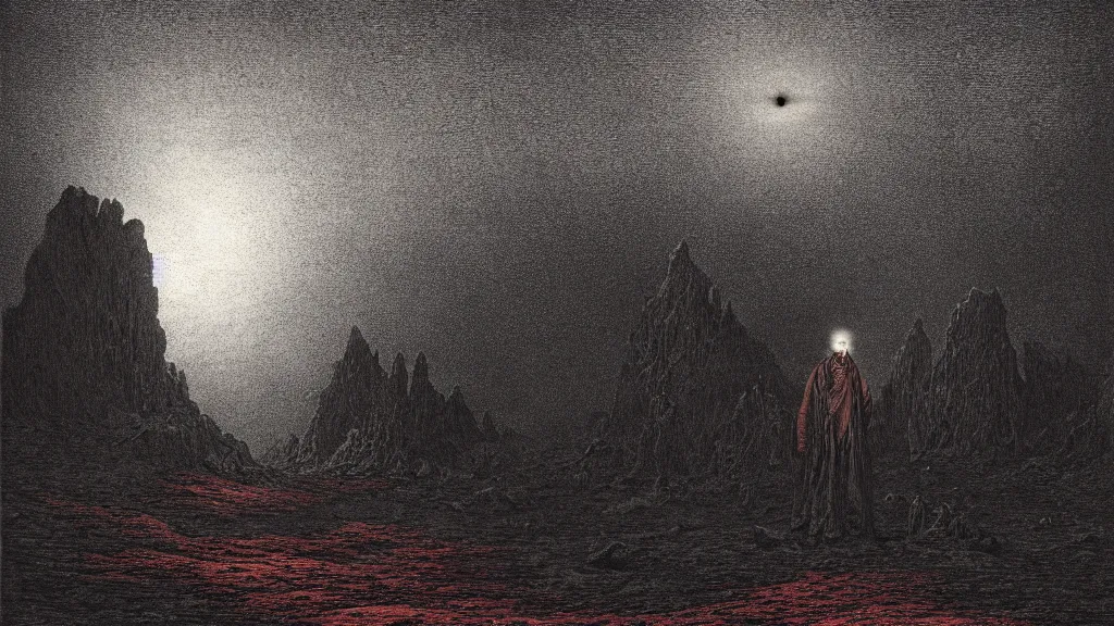 Prompt: deep rich colors autochrome illustration lithograph, the survivors lay quietly in that cratered void and watched the whitehot stars go rifling down the dark, blood meridian, colored etching by gustave dore, matte painting, 8 k resolution artwork, folk horror, dramatic eerie lighting, trending on artstation, painting, elaborate excellent painted illustration, smooth