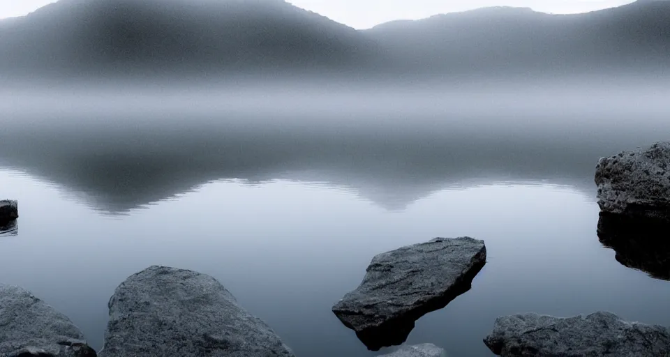 Image similar to extreme low angle camera lens partially submerged in water showing the surface of a lake with a rocky lake shore in the foreground, hexagonal rocks, geometric rocks, scene from a film directed by charlie kaufman ( 2 0 0 1 ), foggy volumetric light morning, extremely moody, cinematic shot on anamorphic lenses