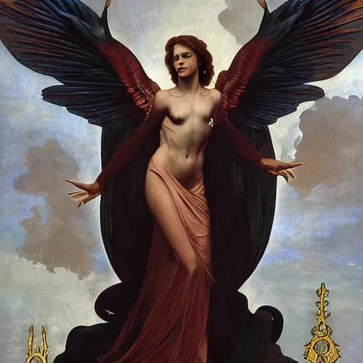 Image similar to godlike awe-inspiring menacing Lucifer royal portrait, Superbia, standing tall invincible, beautiful angelic wings, intricate, elegant, sophisticated, capital sin of Pride, stunning, breathtaking, award-winning, groundbreaking, concept art, nouveau art, Dark Fantasy mixed with Socialist Realism, by Michelangelo, Caravaggio, Alphonse Mucha, Michael Whelan, William Adolphe Bouguereau, John Williams Waterhouse, and Donato Giancola, extremely moody lighting, glowing light and shadow, atmospheric, fine art, trending, featured, 8k, photorealistic, complex,symmetrical , 3-point perspective, hyper detailed, unreal engine 5, IMAX quality, cinematic, high resolution, 3D, PBR, path tracing, volumetric lighting, octane render, arnold render