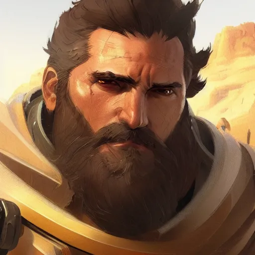 Image similar to very detailed masterpiece painting of reinhardt from overwatch in a desert, closeup, portrait, artstation, concept art by greg rutkowski