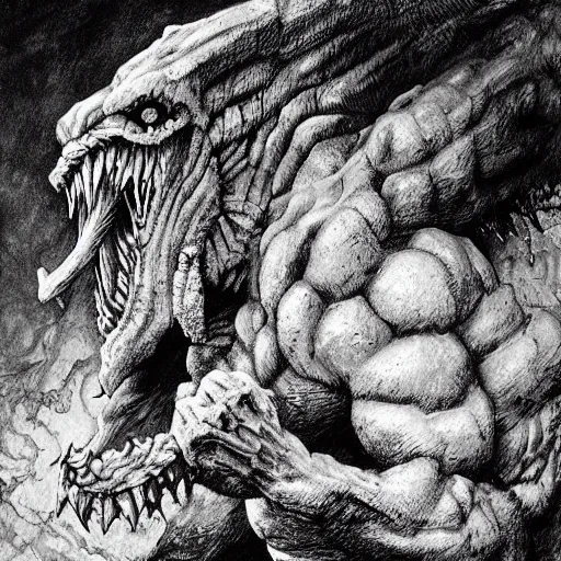 Image similar to giant rock monster, medieval, fiend, toned, realistic shading, fantasy, highly detailed, hd, concept art, focus, textures, shredded, black and white ink painting by kentaro miura