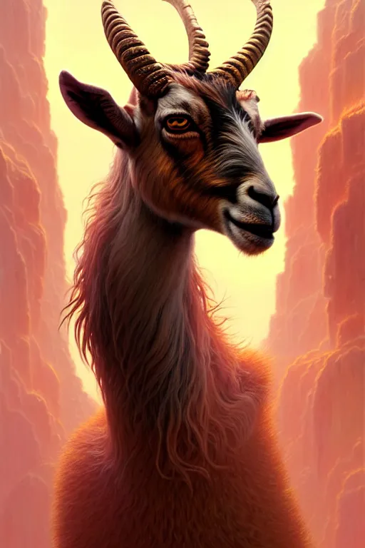 Prompt: highly detailed portrait of a three - headed goat wearing golden crown and pink dress, stephen bliss, unreal engine, fantasy art by greg rutkowski, rhads, ferdinand knab, makoto shinkai and lois van baarle, ilya kuvshinov, rossdraws, tom bagshaw, global illumination, radiant light, red blue theme, meadow