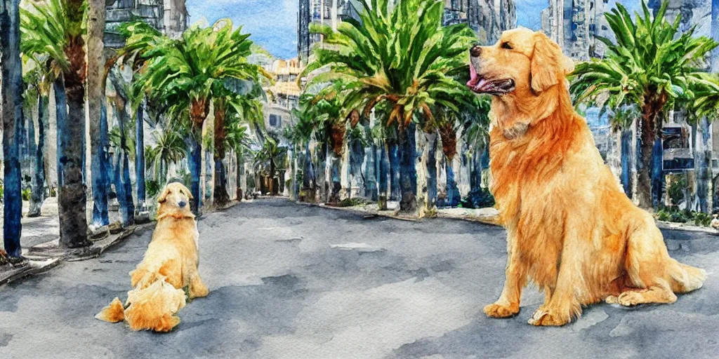 Image similar to portrait golden retriever dog standing in tel aviv street looking at the camera. palm trees. optimistic. digital art. watercolor. highly detailed. drawing. art. colorful. fluffy